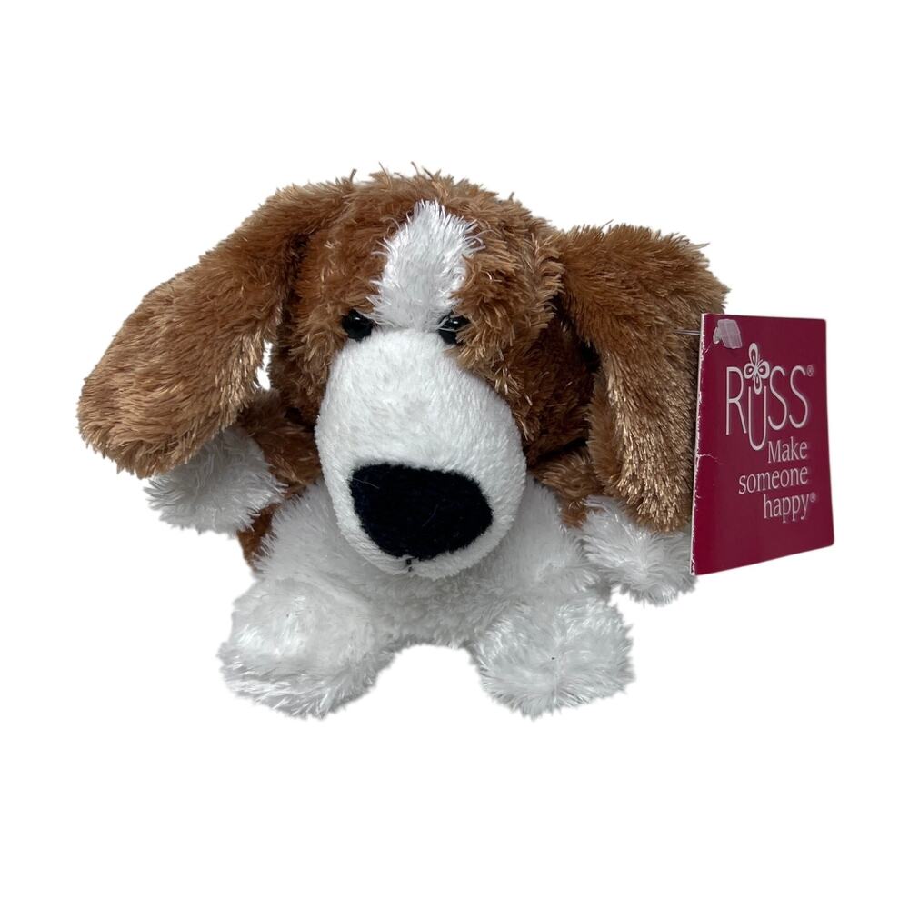 Russ Luvvies Puppy‎ Dog Plush 5" Mark Brown White Beanie Sensory Toy w/ tag